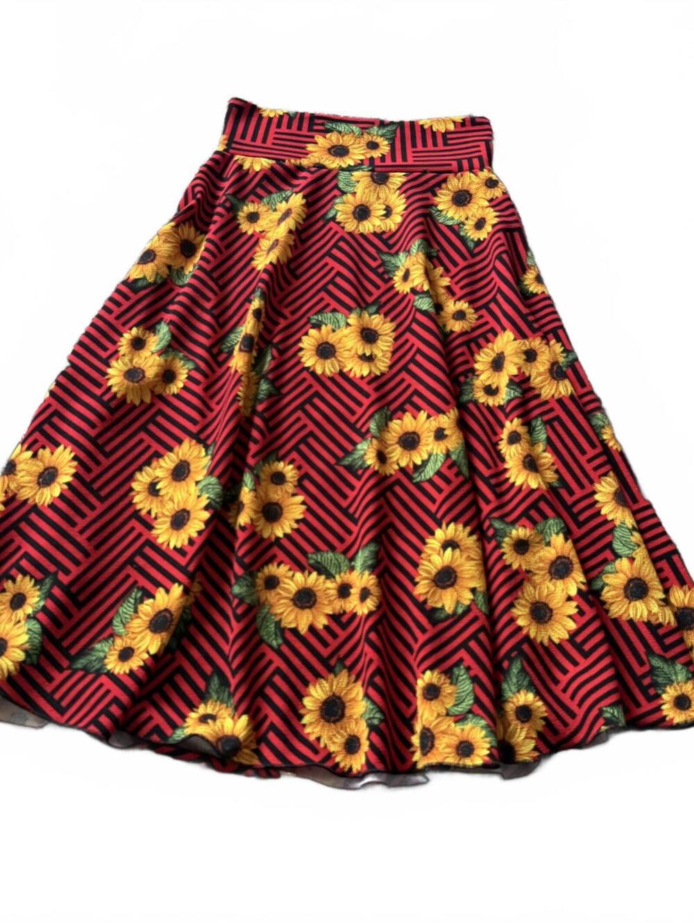 Red Sunflower Skater Skirt Flowy Mini Geometric Print Y2K High Waist Size S
